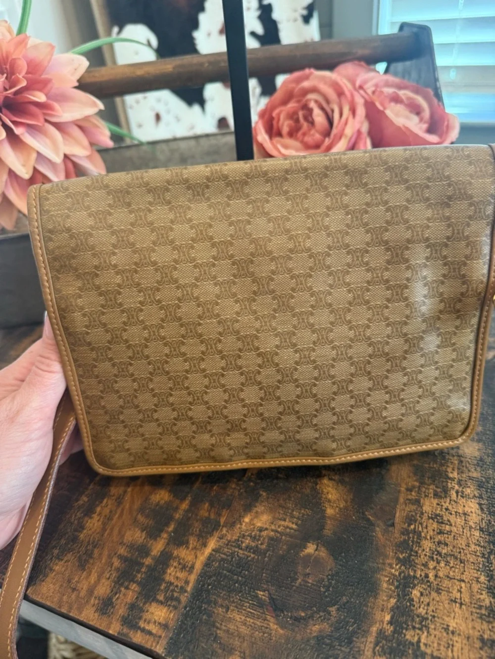 Celine Authentic Tan Macadam Crossbody Shoulder Bag w/Tan leather accent - Picture 5 of 15